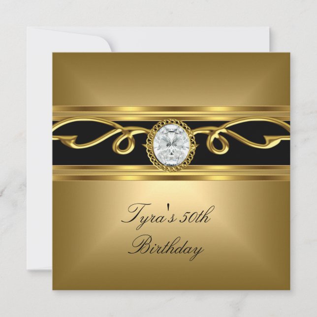 Elegant Black Gold Diamond Jewel 50th Birthday Invitation (Front)