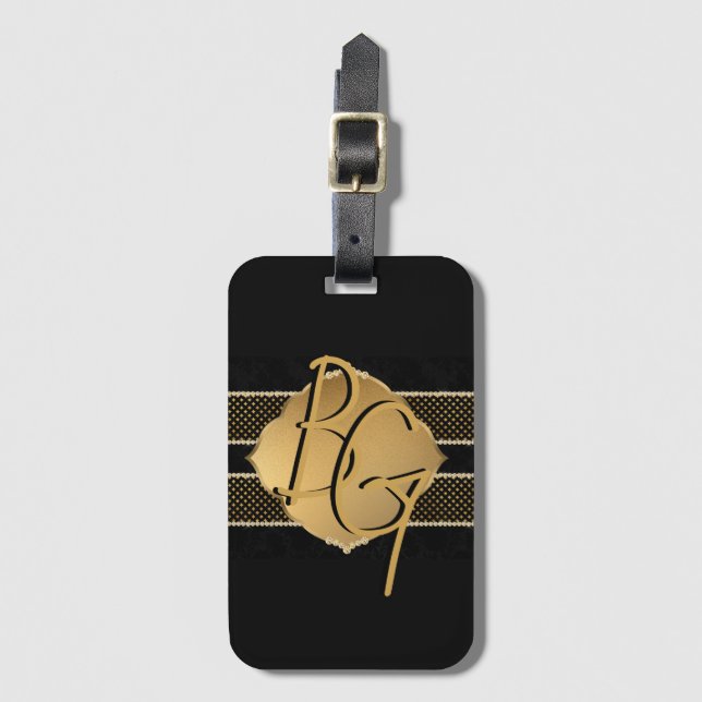 Elegant Black Gold Diamond Pattern Initials Luggage Tag (Front Vertical)