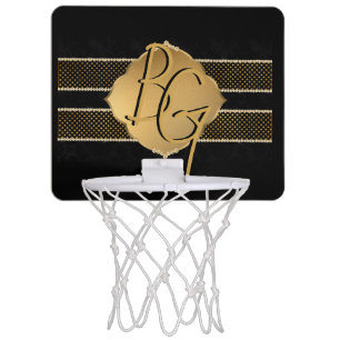 Elegant Black Gold Diamond Pattern Monogram Mini Basketball Hoop