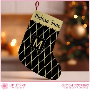 Elegant Black Gold Diamond Pattern Monogram Small Christmas Stocking