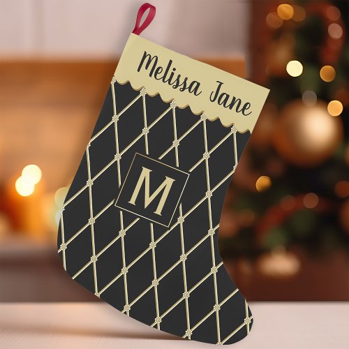 Elegant Black Gold Diamond Pattern Monogram Small Christmas Stocking