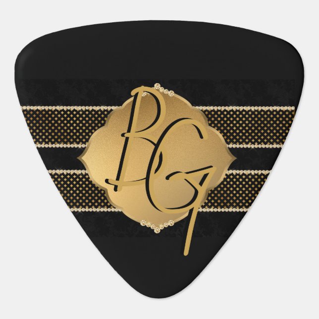 Elegant Black Gold Diamond Sparkle Monogram Custom Guitar Pick (Front)