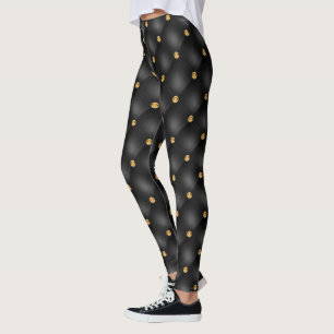 Elegant Black Gold Diamond Tufted Leather Leggings