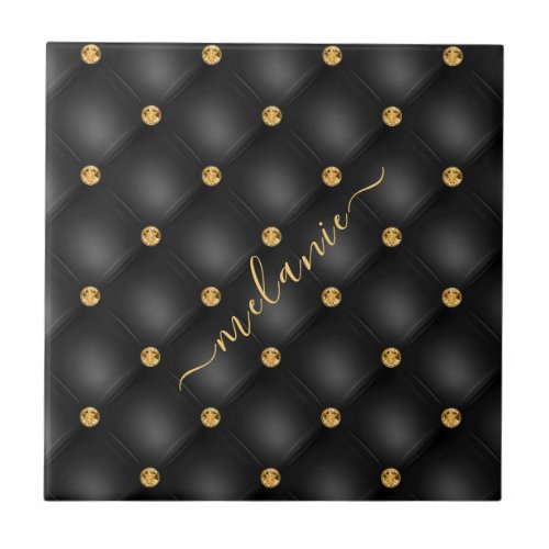 Elegant Black Gold Diamond Tufted Luxury Your Name Ceramic Tile