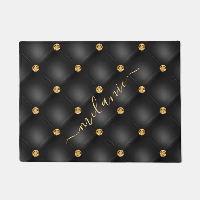 Elegant Black Gold Diamond Tufted Luxury Your Name Doormat (Front)