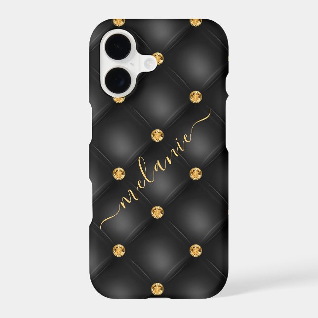 Elegant Black Gold Diamond Tufted Luxury Your Name iPhone Case (Back)