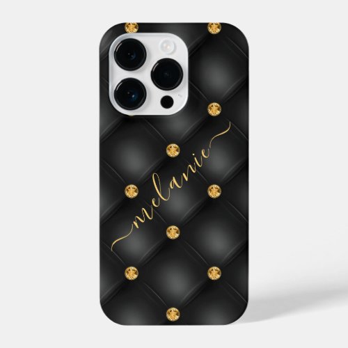Elegant Black Gold Diamond Tufted Luxury Your Name iPhone 14 Pro Case