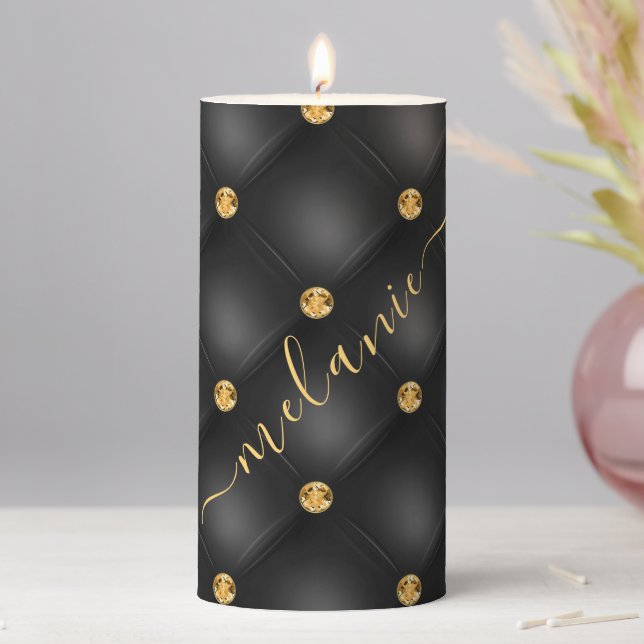 Elegant Black Gold Diamond Tufted Luxury Your Name Pillar Candle (In Situ)