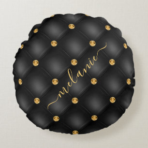 Elegant Black Gold Diamond Tufted Luxury Your Name Round Pillow
