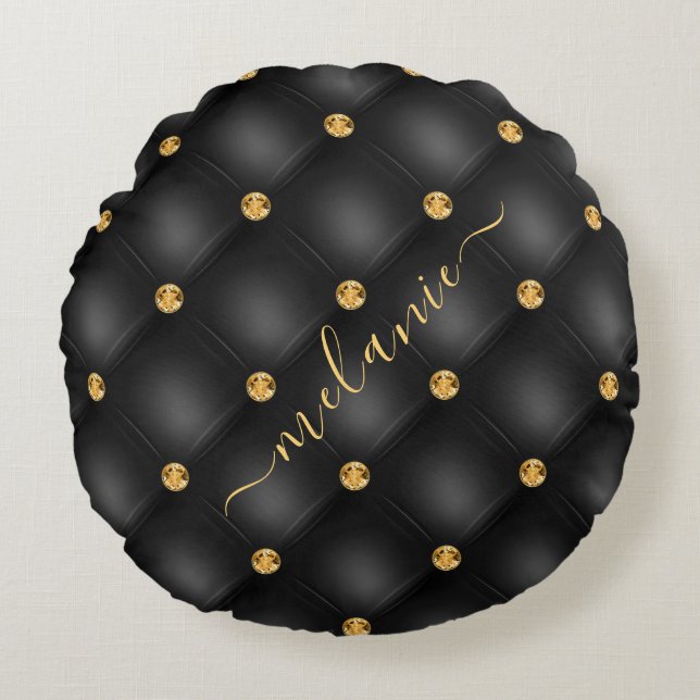 Elegant Black Gold Diamond Tufted Luxury Your Name Round Pillow (Front)