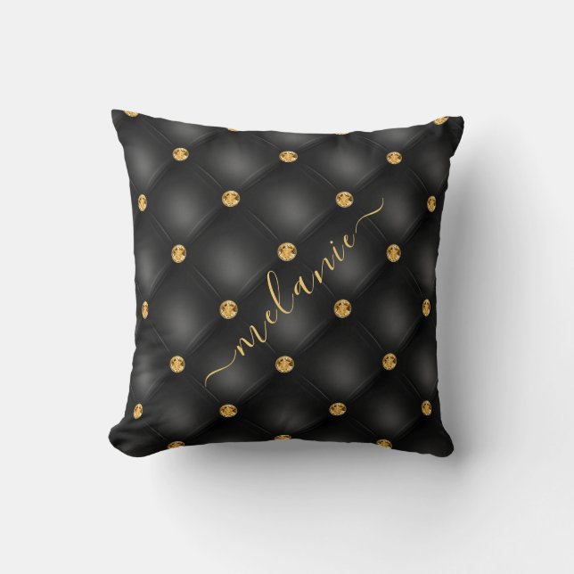 Elegant Black Gold Diamond Tufted Luxury Your Name Throw Pillow (Front)