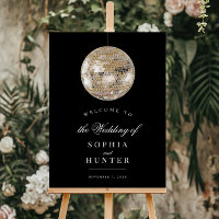Elegant Black Gold Disco Ball Wedding Welcome Sign