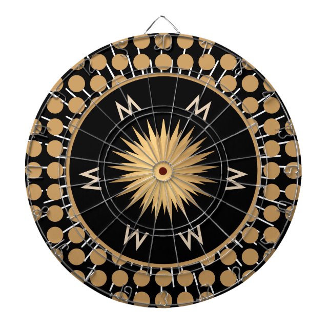 Elegant Black Gold Dot Pattern Monogram Dart Board (Front)