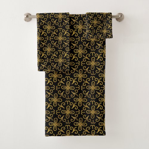 Elegant Black Gold Dotted Flower Tile Pattern Bath Towel Set