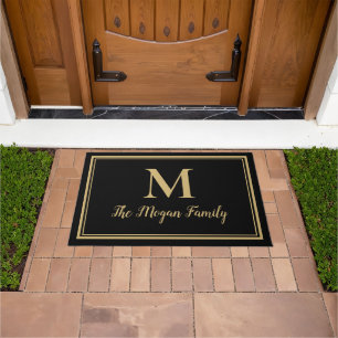 Elegant Black Gold Double Borders Custom Monogram Doormat