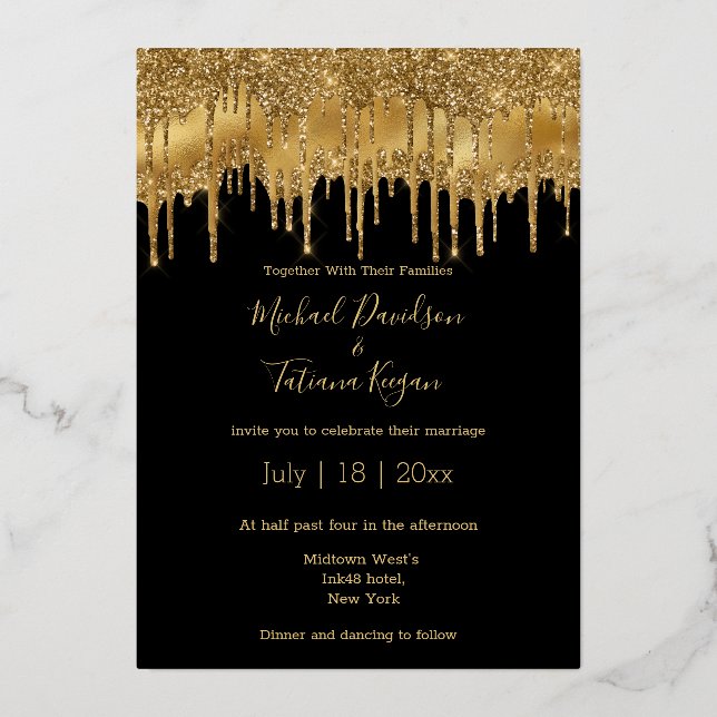 elegant black gold dripping glitters chic wedding foil invitation (Front)
