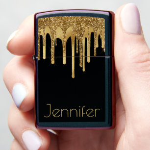 elegant black gold dripping glitters personalized zippo lighter