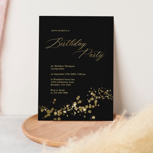 Elegant Black Gold Dust Confetti Adult Birthday Invitation