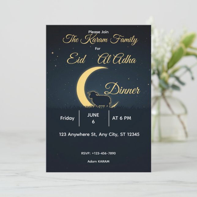 Elegant Black Gold Eid al-adha Dinner  Invitation (Standing Front)
