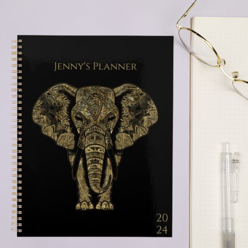 Elegant Black  Gold Elephant Personal Weekly 2024 Planner