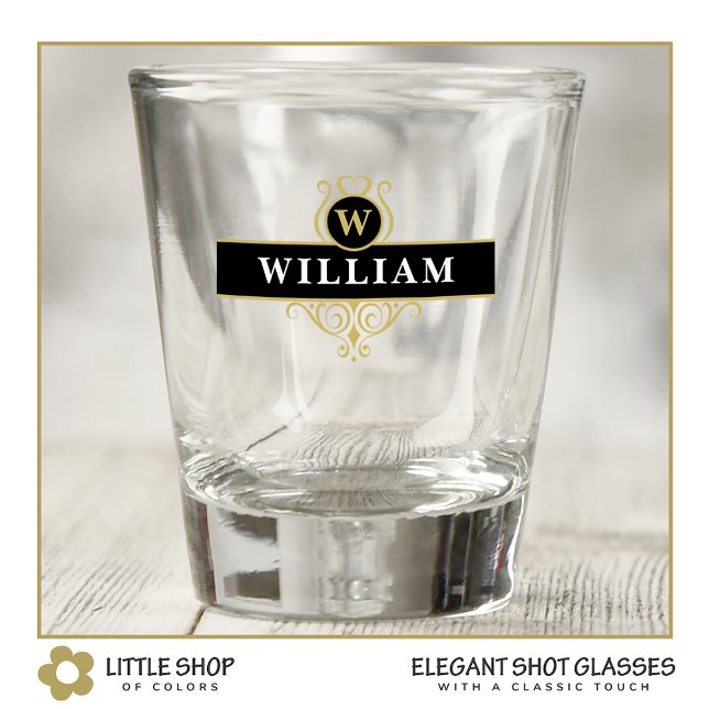 Elegant Black Gold Emblem Personalized Shot Glass (Creator Uploaded)