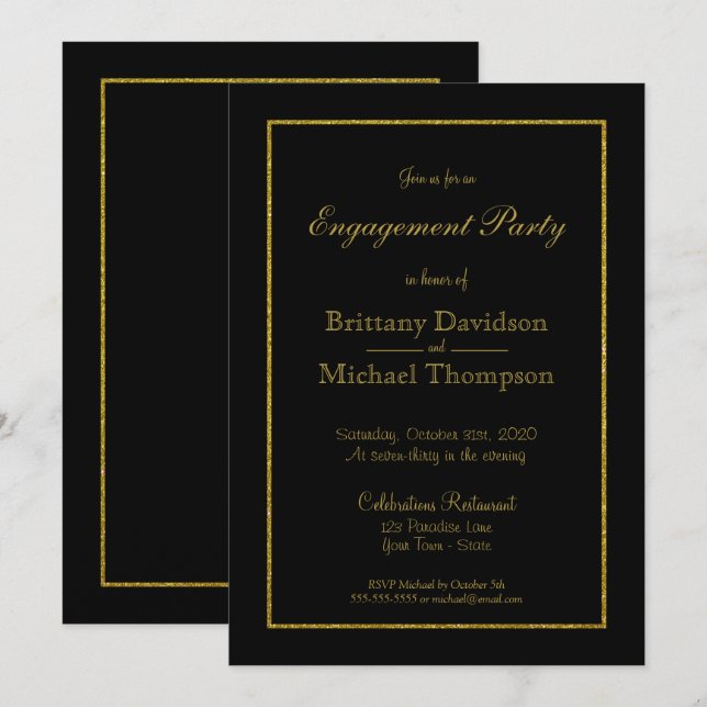 Elegant Black Gold Engagement Party Invitation (Front/Back)