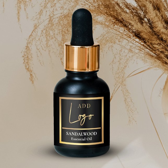  Elegant Black & Gold Essential Oil Dropper Bottle Label (Stylish black and gold effect essential oil dropper bottle stickers with logo and product info)