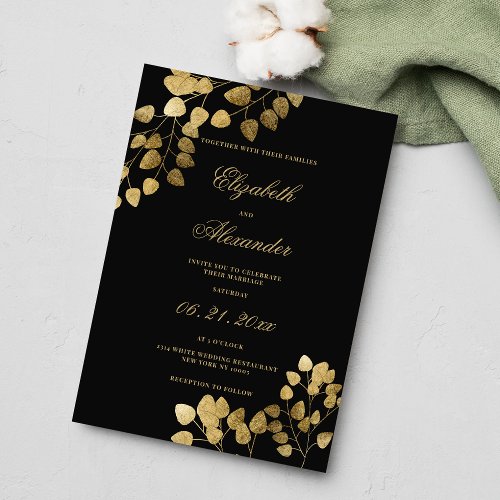 Elegant black gold eucalyptus foliage wedding  invitation
