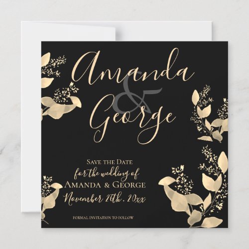 Elegant Black Gold Eucalyptus Leaves Save The Date Magnetic Invitation