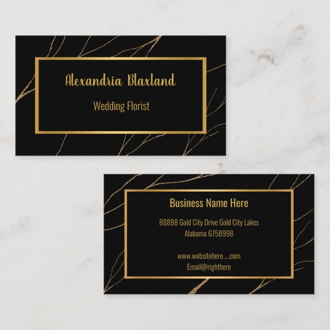 Elegant Black Gold Eucalyptus Thread  Business Card (Front/Back)