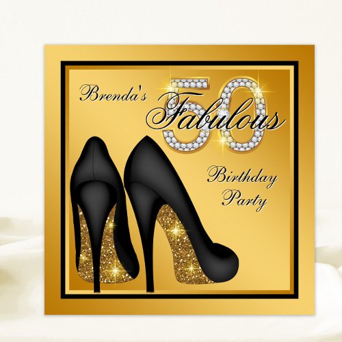 Elegant Black Gold Fabulous 50th Birthday Party Invitation
