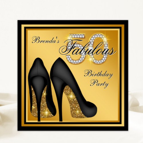Elegant Black Gold Fabulous 50th Birthday Party Invitation