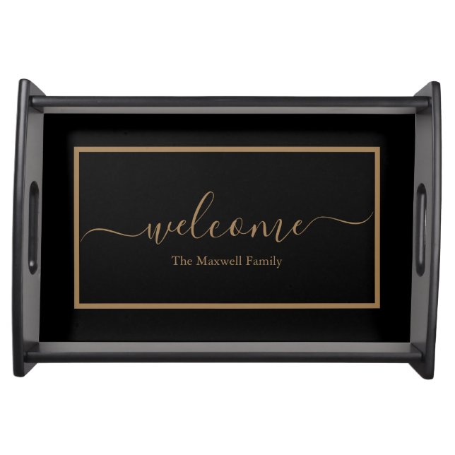 Elegant black gold family name welcome serving tra serving tray (Front)