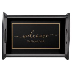 Elegant black gold family name welcome serving tra tray