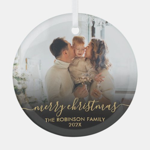 Elegant Black Gold Family Photo Merry Christmas   Glass Ornament