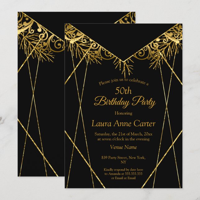 Elegant Black Gold Faux Foil 50th Birthday Party Invitation (Front/Back)
