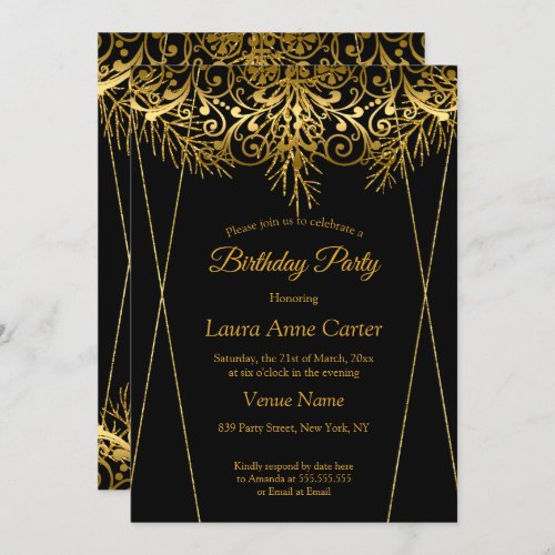 Elegant Black Gold Faux Foil Birthday Party Invitation