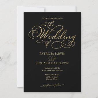 Elegant Black Gold Faux Foil Script Wedding Invitation | Zazzle