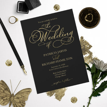 Elegant Black Gold Faux Foil Script Wedding Invitation by StampsbyMargherita at Zazzle