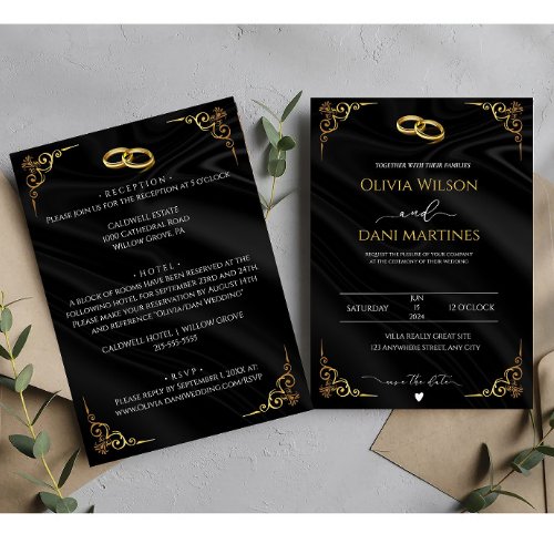 Elegant Black Gold Faux Foil Script Wedding  Invitation