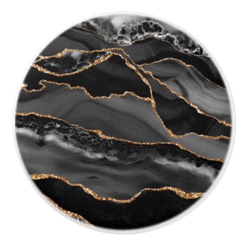 Elegant Black Gold Faux Glitter Agate Geode Gray Ceramic Knob