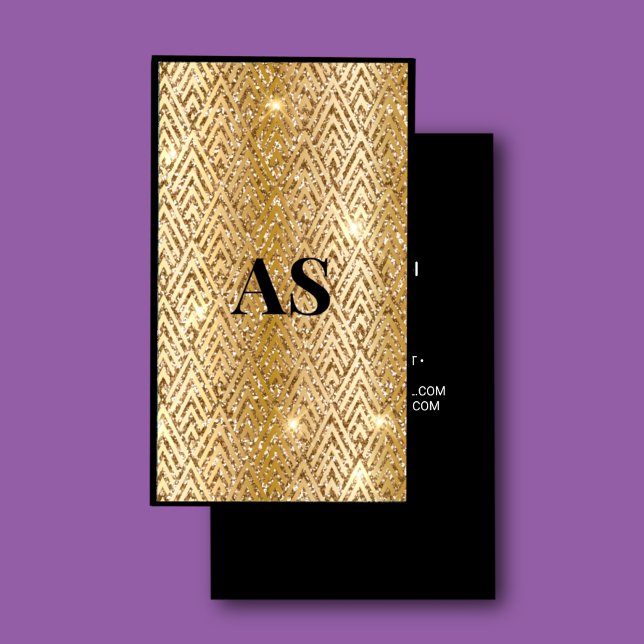 Elegant black gold faux glitter marble monogram business card (Creator Uploaded)