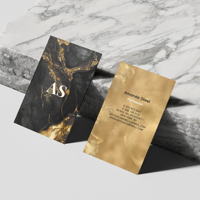 Elegant black gold faux glitter marble monogram business card (Creator Uploaded)