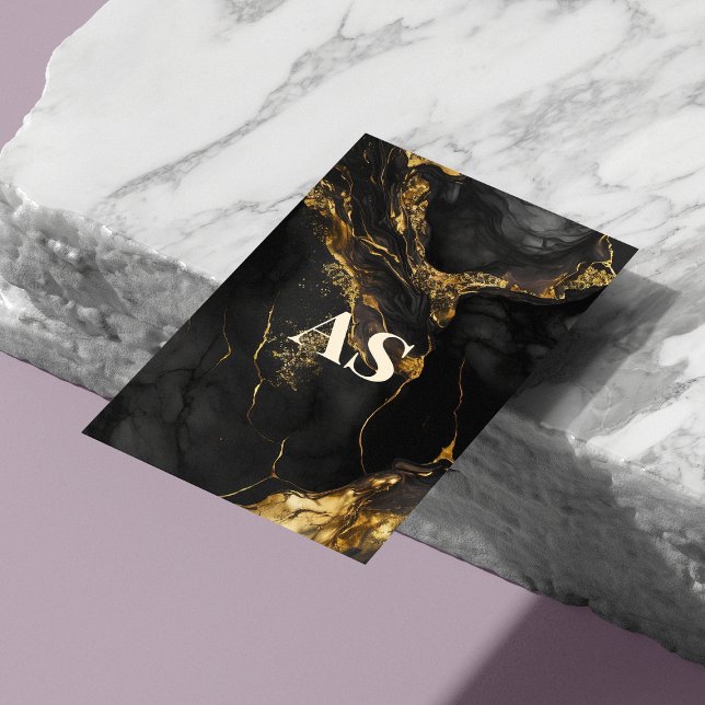 Elegant black gold faux glitter marble monogram business card magnet (Creator Uploaded)