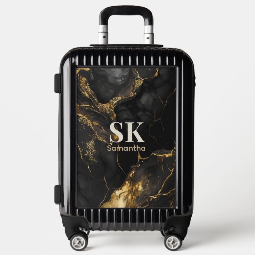 Elegant black gold faux glitter marble monogram luggage