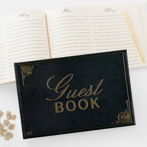 Elegant Black Gold Faux Leather Wedding Guest Book