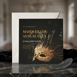 Elegant Black Gold Feather Mask Masquerade Ball Invitation