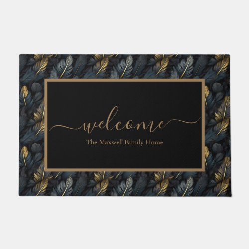 Elegant black gold feathers family name welcome  doormat