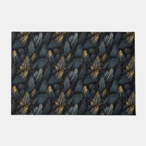 Elegant black gold feathers pattern doormat