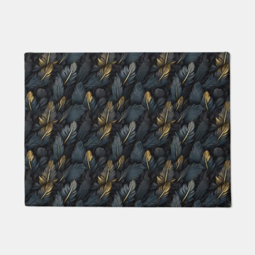 Elegant black gold feathers pattern doormat